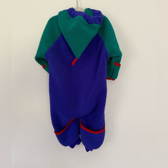 L.L. Bean Vintage Kids Fleece Bunting Toddlers 12M Green Blue Hood Color Block - Picture 2 of 7